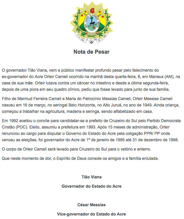 Governo do Acre informa morte de ex-governador Orleir Cameli mas não decreta luto oficial