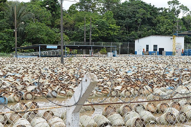Centenas de botijas de gás flutuam no pátio da Fogás em Porto Velho