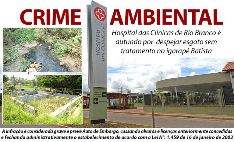 Hospital das Clínicas de Rio Branco é autuado por despejar esgoto sem tratamento no igarapé Batista
