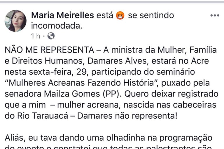 Feministas acreanas fazem manifestos na internet contra vinda da Ministra Damares ao Acre