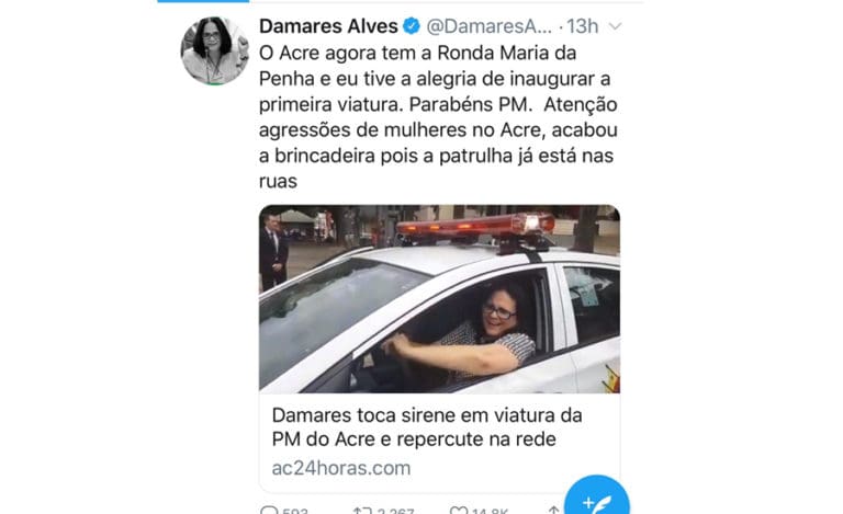 Ministra Damares usa publicação do ac24horas para “tuitar” sobre a visita que fez a Rio Branco