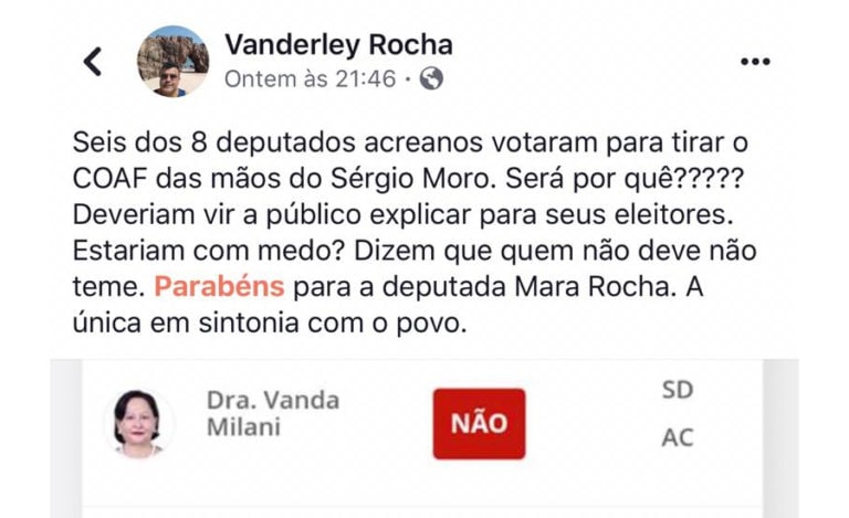 Internautas condenam políticos que votaram contra mudança do COAF e elogiam Mara Rocha