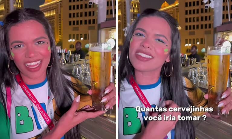 Jéssica Ingrede sofre com preço de copo da cerveja no Catar que vale R$ 71: “Tomei só uma”