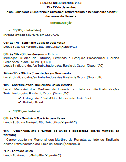 Programação da Semana Chico Mendes começa nesta sexta(15) - Acre Jornal