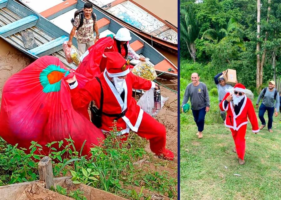 No Acre, Papai Noel chega de barco e sobe barranco para presentear ribeirinhos