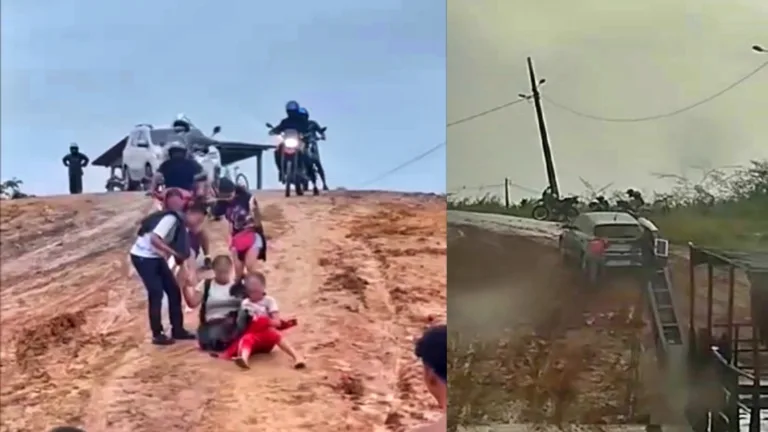 Crianças caem na lama em rampa de acesso à balsa em Rodrigues Alves