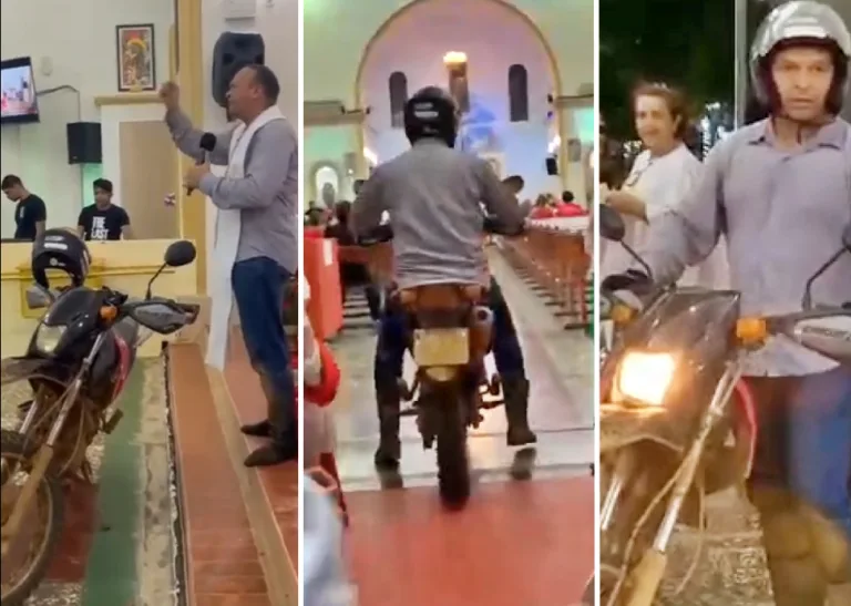 Padre do Acre entra na igreja de motocicleta para realizar missa e surpreende fiéis