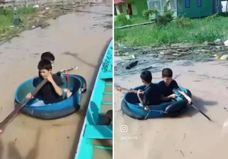 Crianças usam caixa d’água e improvisam “barco” na enchente do Rio Tarauacá