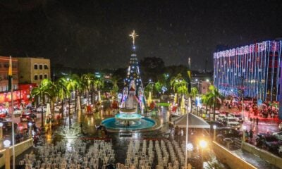 Debaixo de chuva, iluminação natalina do Estado é acesa no Palácio Rio Branco