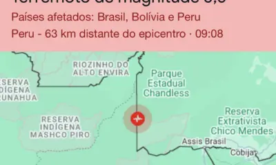 Terremoto de magnitude 5,6 atinge região da fronteira entre Brasil e Peru