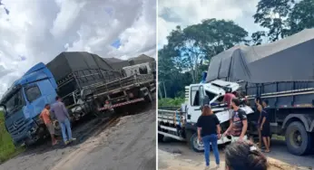 Acidente entre caminhão e carreta deixa motorista preso às ferragens