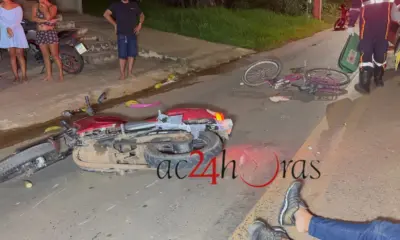 Homem perde controle de moto e colide contra ciclista; dois ficam feridos