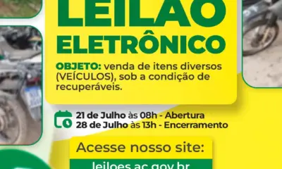 Acre terá leilão eletrônico de veículos recuperáveis a partir de segunda (21)