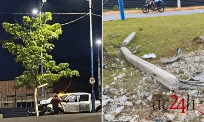 Motorista supostamente embriagado colide caminhonete contra poste de energia