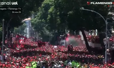 Festa do título do Flamengo tem torcedores em marquises e confusão no fim