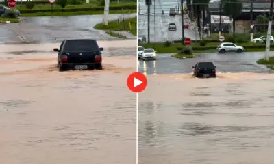 Fiat Uno encara rua alagada e chama atenção durante enxurrada no Acre