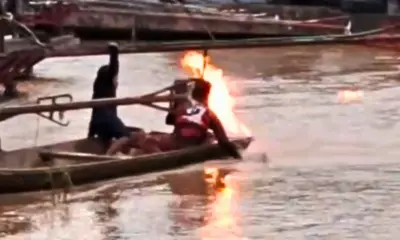 Video mostra motor de barco pegando fogo no porto de Feijó