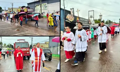 Sob guarda-chuvas e fé, procissão de São Sebastião toma ruas do bairro Aviário